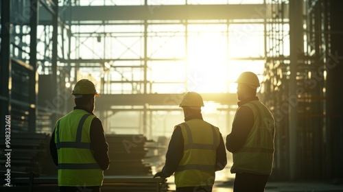 Engineers and workers collaborating on a project in a brightly lit factory, natural light, medium shot