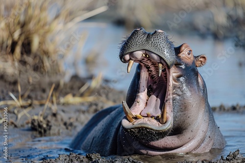 Hippo Mouth Open. A Yawning Adult Hippopotamus in Chobe River, Africa