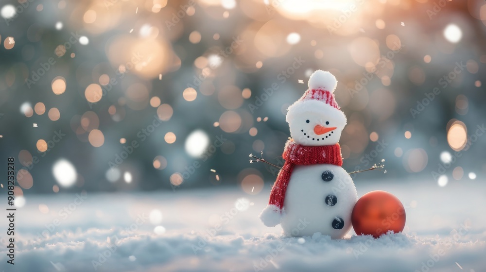 Fototapeta premium Charming Snowman Decorates Winter Landscape at Sunset With Soft Falling Snow