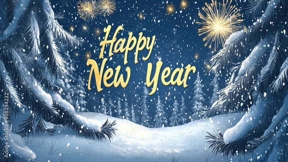 Winter night landscape with snow-covered forest and spruce branches.The golden text Winter night landscape with snow-covered forest and spruce branches.The golden text