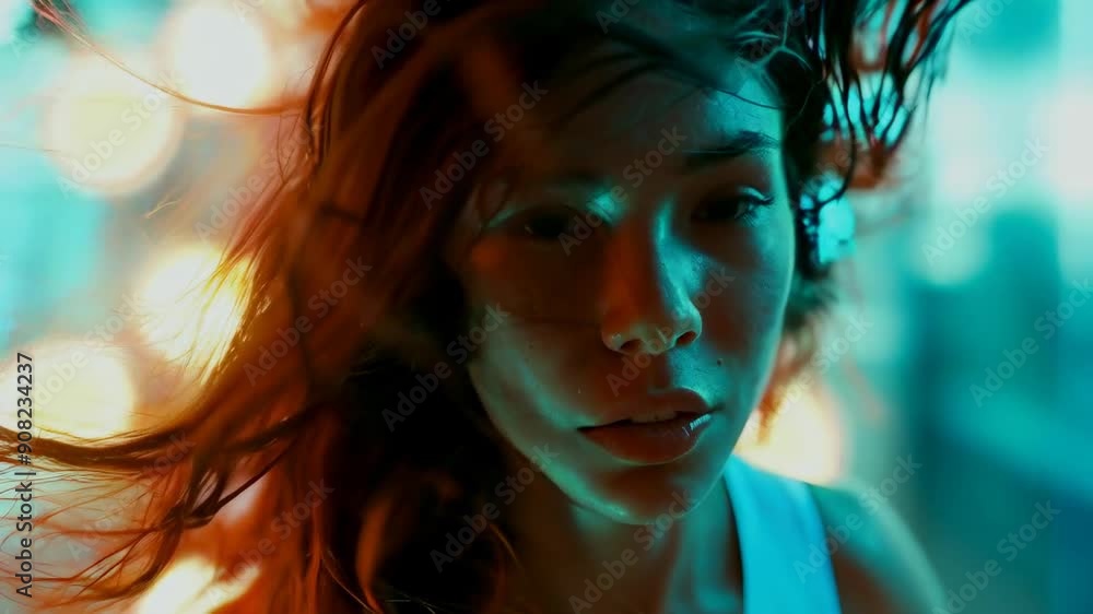A young woman, likely in her 20s, with long hair blowing dramatically in the wind is captured in vibrant, colorful lighting. The background is blurred, creating a dynamic and artistic atmosphere. A young woman, likely in her 20s, with long hair blowing dramatically in the wind is captured in vibrant, colorful lighting. The background is blurred, creating a dynamic and artistic atmosphere.