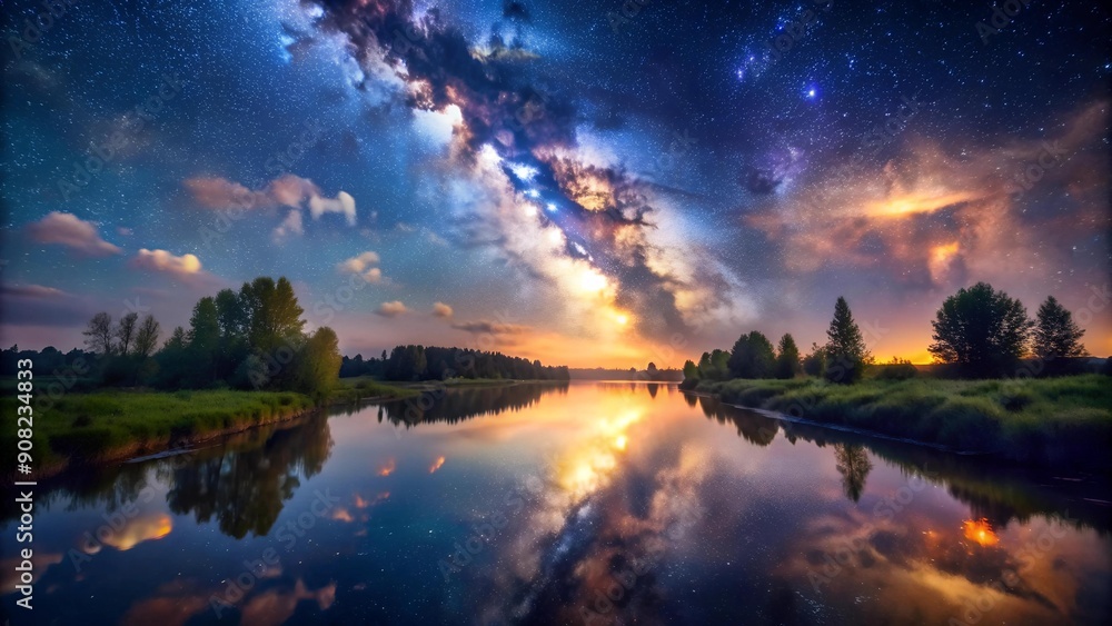 Obraz premium Cosmic Canvas: The Milky Way's Reflection in a River Generative AI