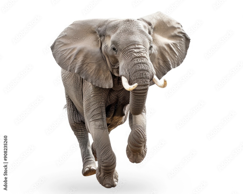Fototapeta premium Elephant Running. African Female Elephant Running and Jumping on White Background