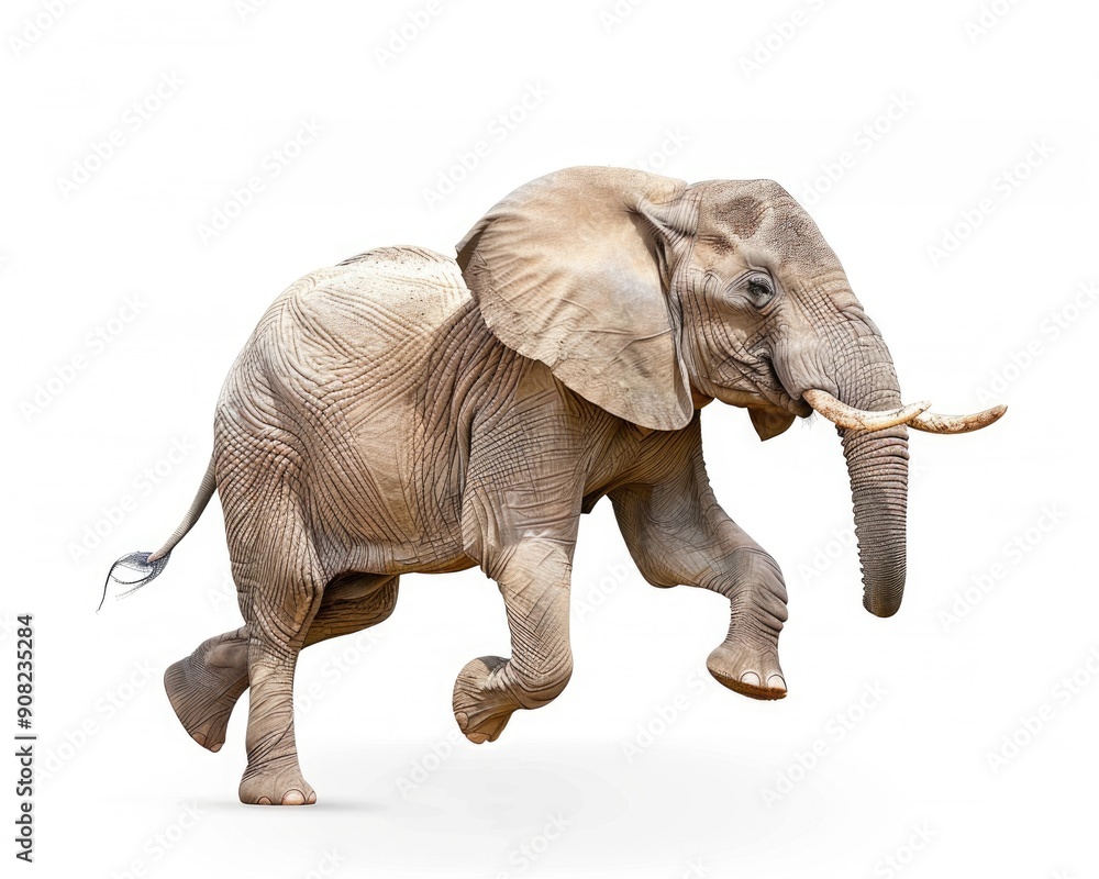 Fototapeta premium Elephant Running. African Female Elephant Jumping and Running on White Background