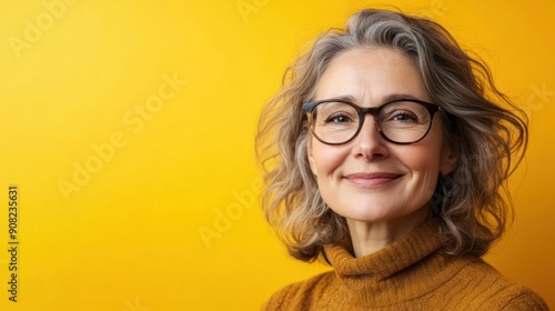 Smiling woman with gray hair in a yellow background