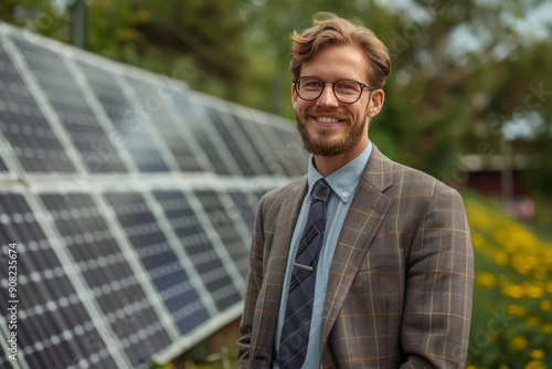 Wallpaper Mural Businessman at Solar Panel Farm Advocating Sustainable Energy Torontodigital.ca