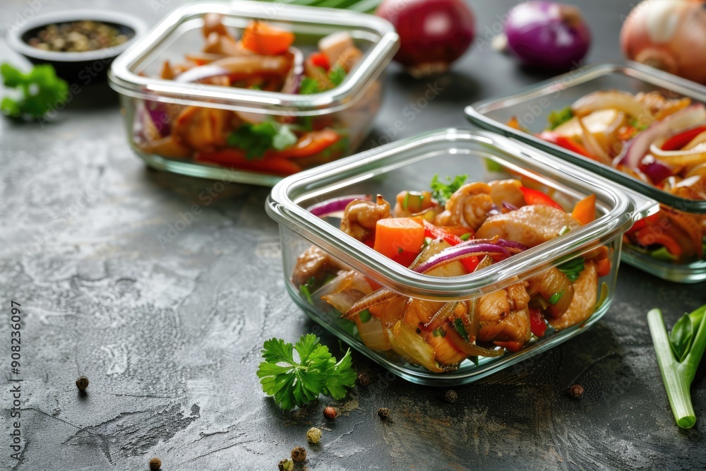 Leftover Containers. Chicken Stir Fry Dinner Meal in Ceramic Glass Containers with Copy Space Leftover Containers. Chicken Stir Fry Dinner Meal in Ceramic Glass Containers with Copy Space