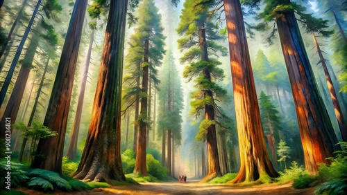 Ancient Wisdom: A Watercolour Redwood Forest  AI Generated photo