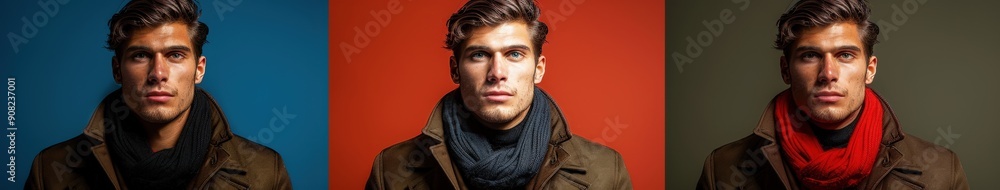 Fototapeta premium Fall Casual Fashion Studio Shoot Featuring Warm Scarves and Layers