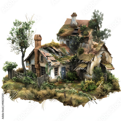 abandoned village with folklore origins isolated on white background, hyperrealism, png photo