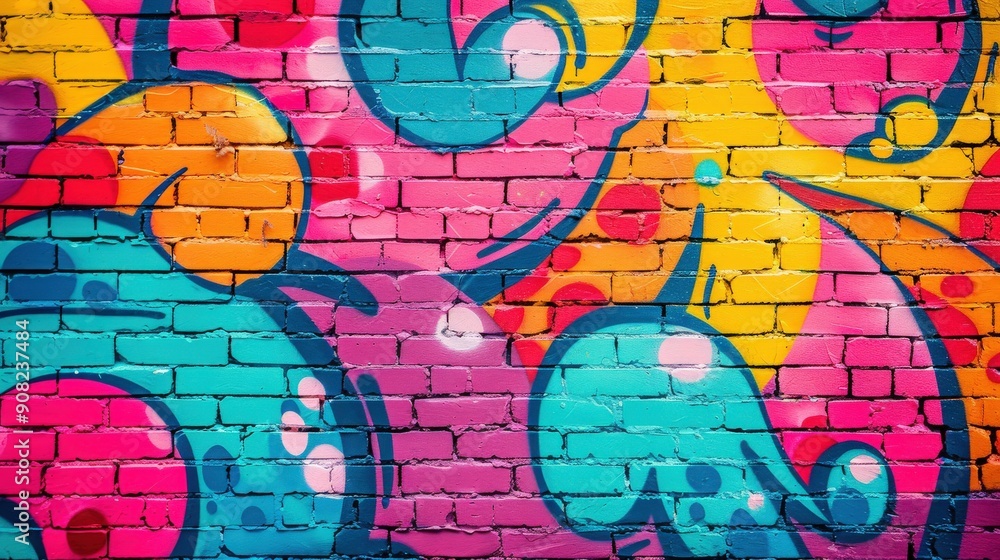 Vibrant Graffiti Artwork on a Brick Wall in an Urban Setting Vibrant Graffiti Artwork on a Brick Wall in an Urban Setting