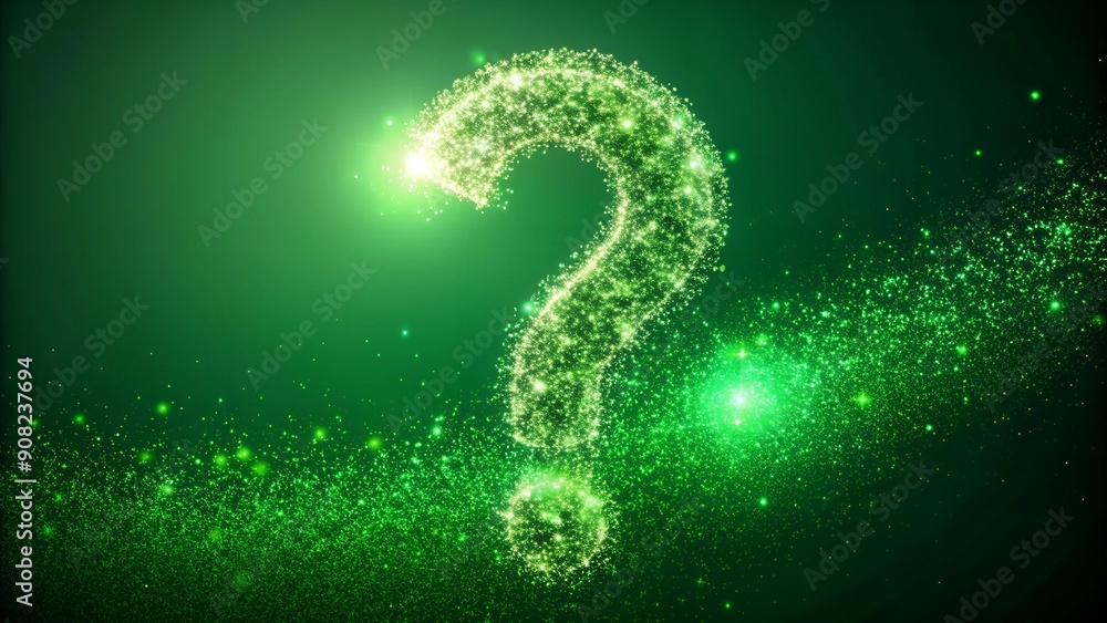 Naklejka premium Shimmering Question Mark Particle Bounce: Luminous Green Screen Effect Generative AI