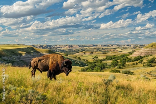 North Dakota Landscape: Majestic Bison Bull Grazing in the Wild Grasslands of Theodore Roosevelt National Park