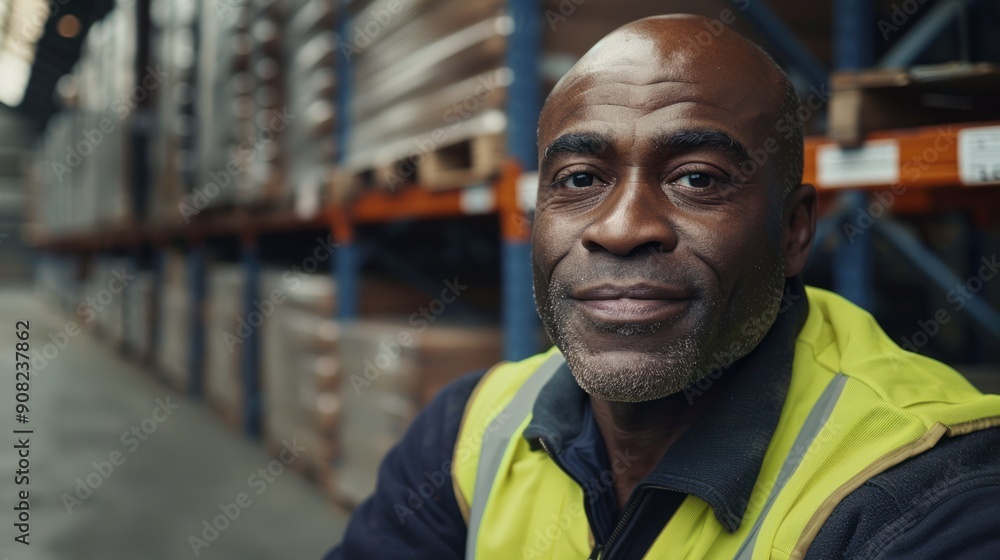 Portrait of a smiling African American man in a yellow vest against a warehouse background, exuding positivity and confidence. Portrait of a smiling African American man in a yellow vest against a warehouse background, exuding positivity and confidence.