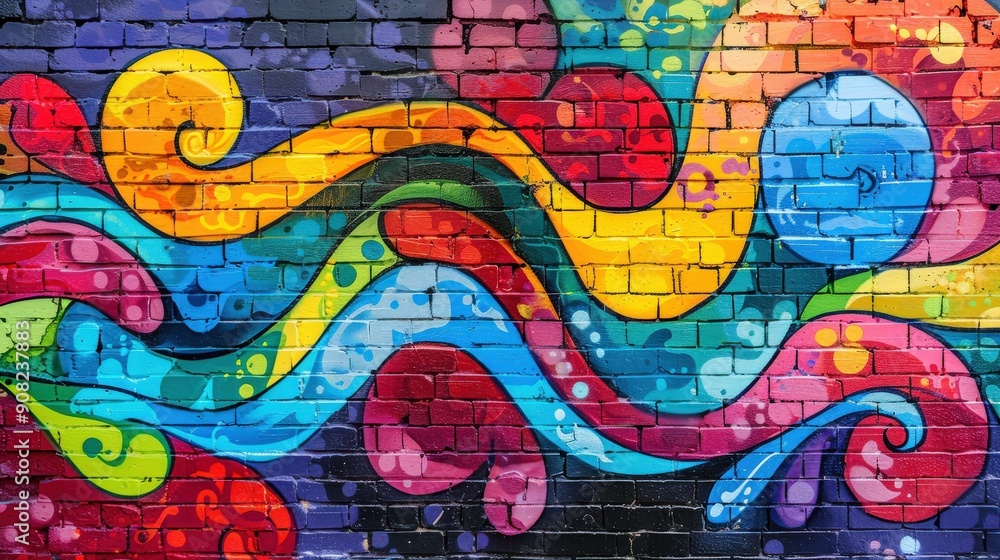 Colorful Graffiti Mural on Brick Wall in Urban Setting Colorful Graffiti Mural on Brick Wall in Urban Setting