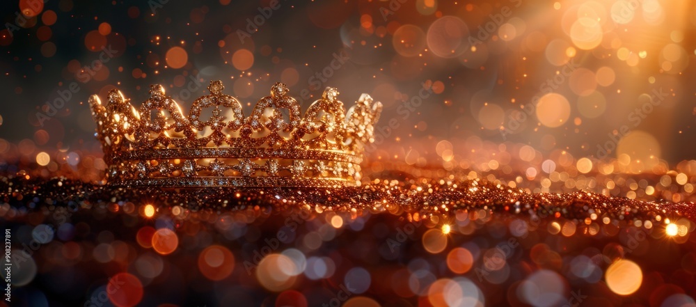 Golden crown on a sparkling background with bokeh lights. Stock ...