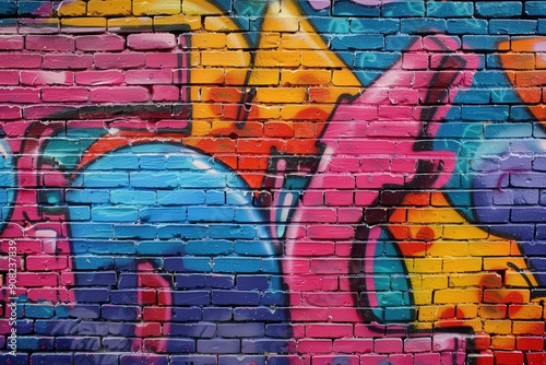 Colorful Urban Graffiti Artwork on Brick Wall in Vibrant City Alley photo