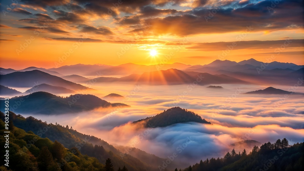Obraz premium A Misty Sunset Over a Mountain Range Generative AI