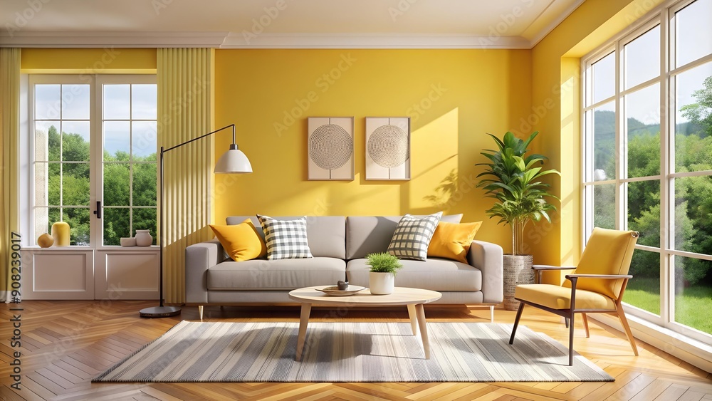 Fototapeta premium Bright Scandinavian Living Room with Abstract Pattern Poster Mockup AI generated