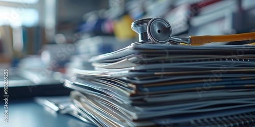 Close Up of Stethoscope Resting on a Stack of Medical Files