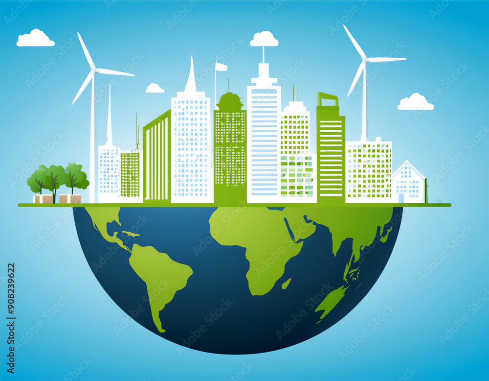 Ecology. Green, blue, white cities help the world with eco-friendly concept Ecology. Green, blue, white cities help the world with eco-friendly concept