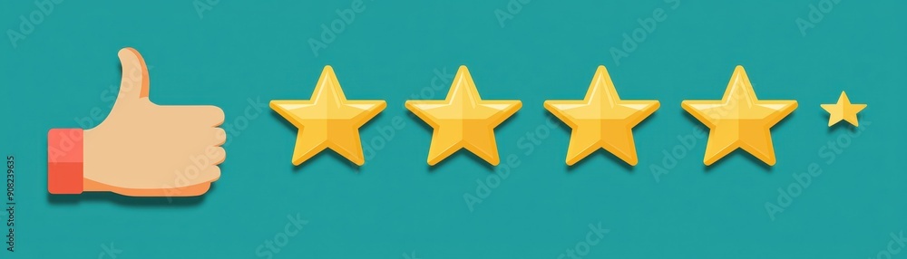 Thumbs up with four out of five stars rating on teal background symbolizing good customer feedback, service evaluation, or product review. Thumbs up with four out of five stars rating on teal background symbolizing good customer feedback, service evaluation, or product review.