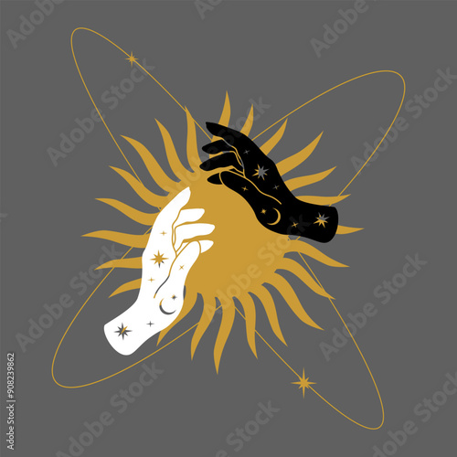 Golden sun with hands on a gray background. Composition in heavenly style. Vector illustration.