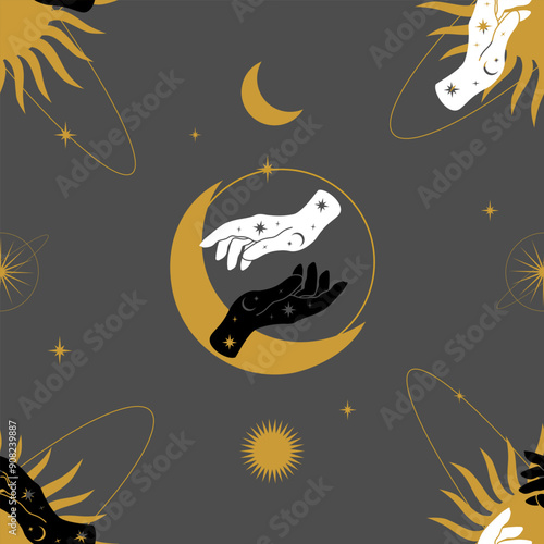 Golden sun, moon with hands on a gray background. Seamless pattern with composition in heavenly style.