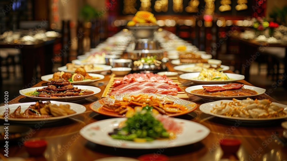 Fototapeta premium Extensive Array of Dishes at a Chinese Restaurant During Dinner Service