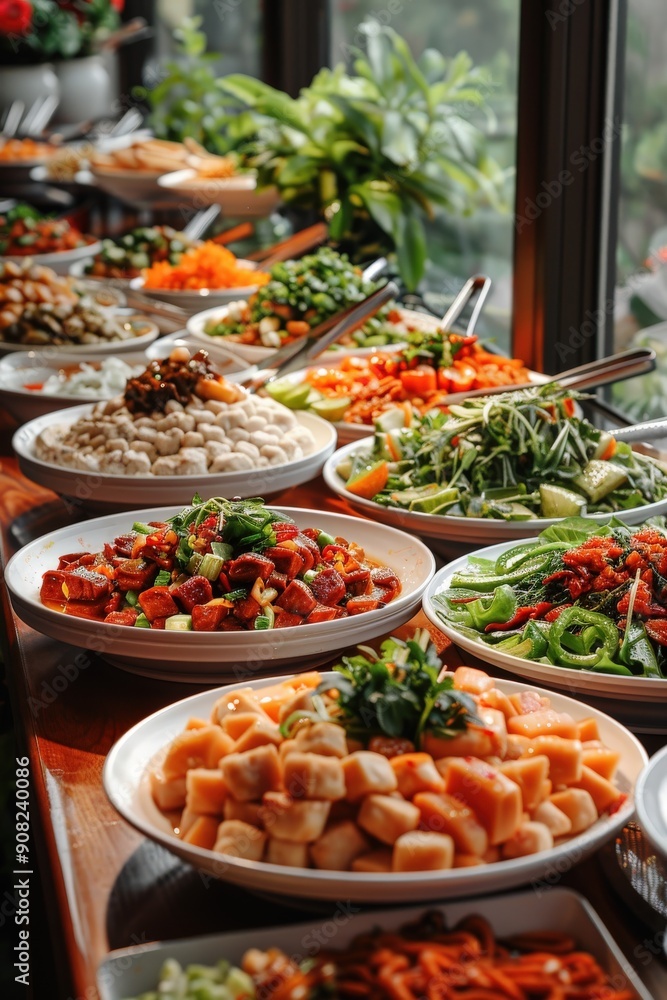 Buffet Spread of Fresh Dishes at a Cozy Chinese Restaurant Buffet Spread of Fresh Dishes at a Cozy Chinese Restaurant