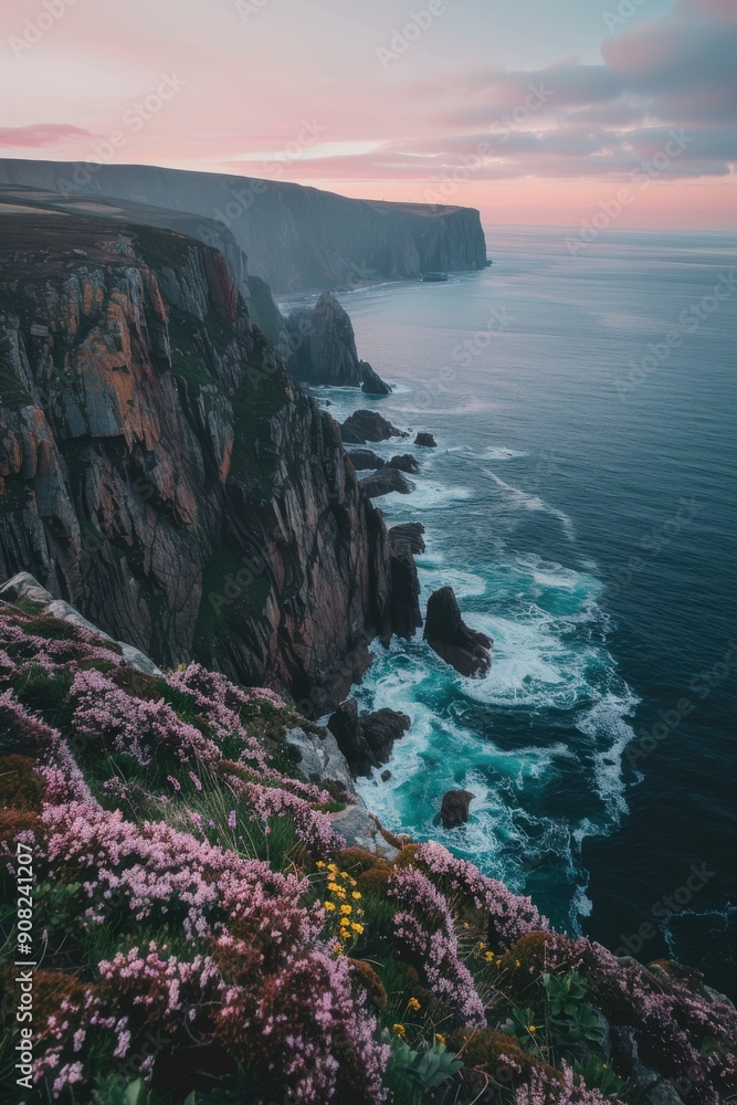 Obraz premium Stunning Cliffs Overlooking Vibrant Blue Sea at Twilight