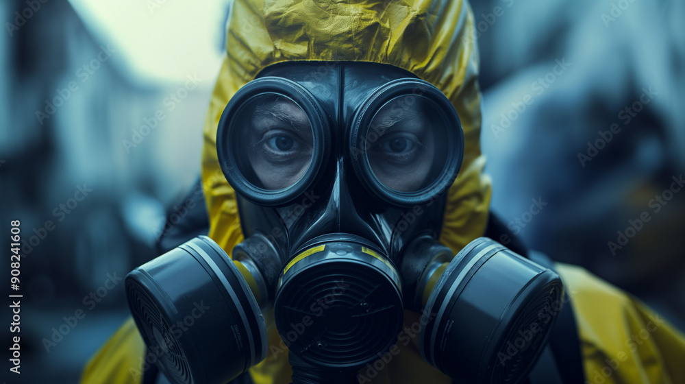 Person in hazmat suit with gas mask, hazardous materials handling, protective gear, industrial safety, biohazard environment, emergency response, contamination prevention Person in hazmat suit with gas mask, hazardous materials handling, protective gear, industrial safety, biohazard environment, emergency response, contamination prevention