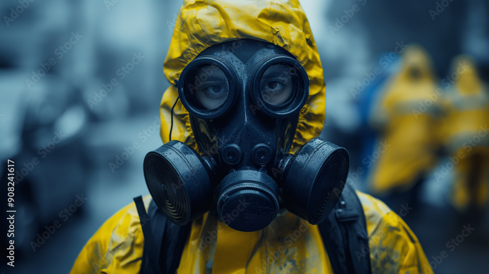 Person in hazmat suit with gas mask, hazardous materials handling, protective gear, industrial safety, biohazard environment, emergency response, contamination prevention Person in hazmat suit with gas mask, hazardous materials handling, protective gear, industrial safety, biohazard environment, emergency response, contamination prevention