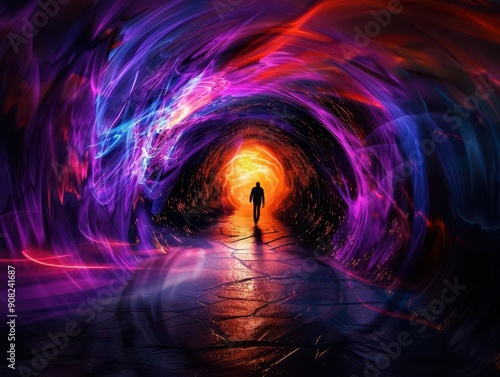 Neardeath vision with a tunnel of light and shadowy figures, Surrealism, Soft hues, Digital painting photo