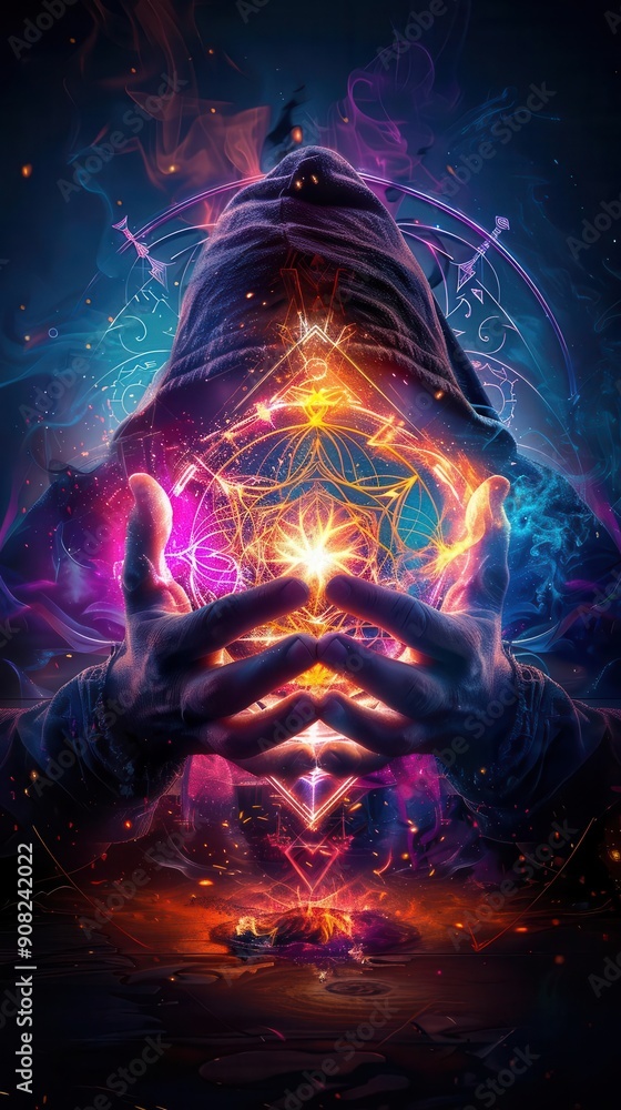 Psychic senses depicted with a person surrounded by mystical symbols, Mystical, Bright colors, Digital painting Psychic senses depicted with a person surrounded by mystical symbols, Mystical, Bright colors, Digital painting