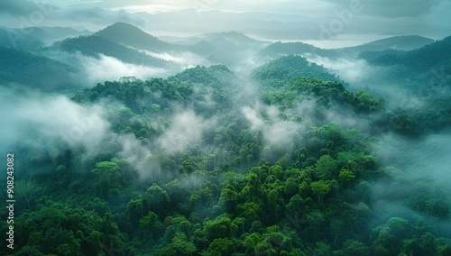 A lush green forest with a thick fog covering the mountains. © Ashalina