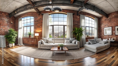 Industrial Chic: A 360? Panorama of a Loft Living Room with Exposed Brick Generative AI