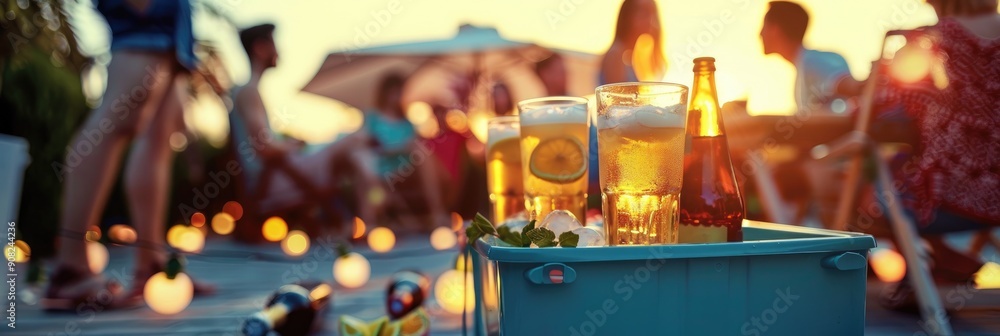 Friends enjoying outdoor cooler box with drinks for a summer party or celebration during a light leak sunset People relaxing at home with cold beverages and alcohol bottles on ice