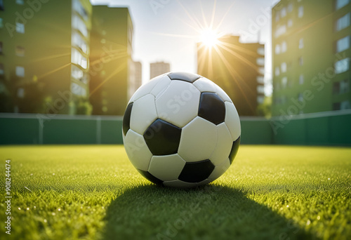 Soccer ball on green field with sunlight