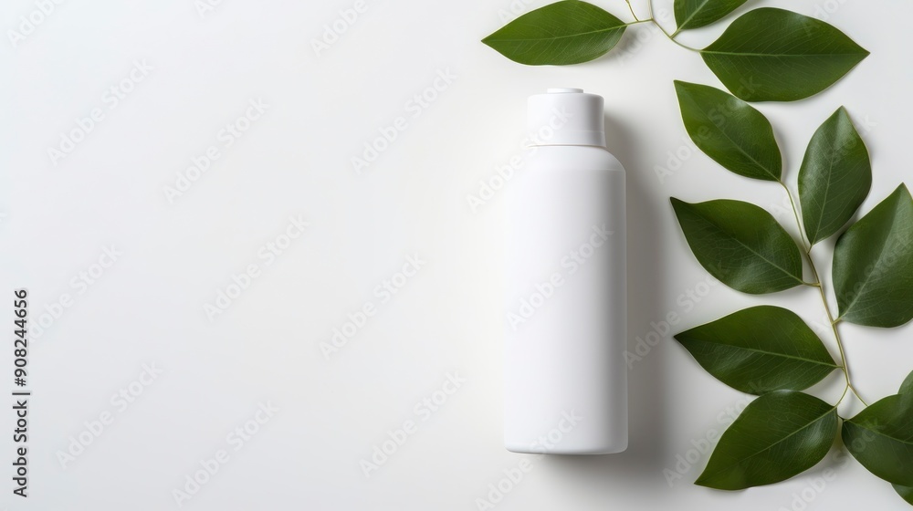 Cosmetic bottle on white background with green leaves Cosmetic bottle on white background with green leaves