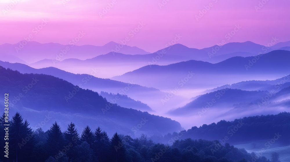 Obraz premium Mountain foggy landscape. mountains shrouded in purple fog