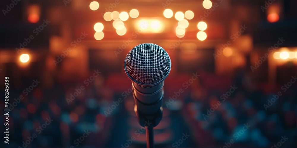 Spotlight on Microphone in Expectant Auditorium Spotlight on Microphone in Expectant Auditorium