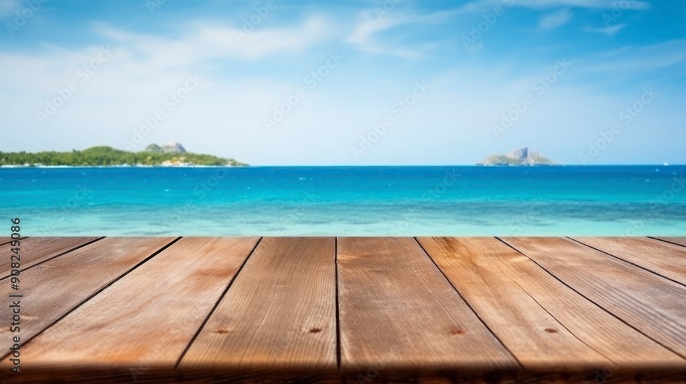 Fototapeta premium Wood table top on blur beach background
