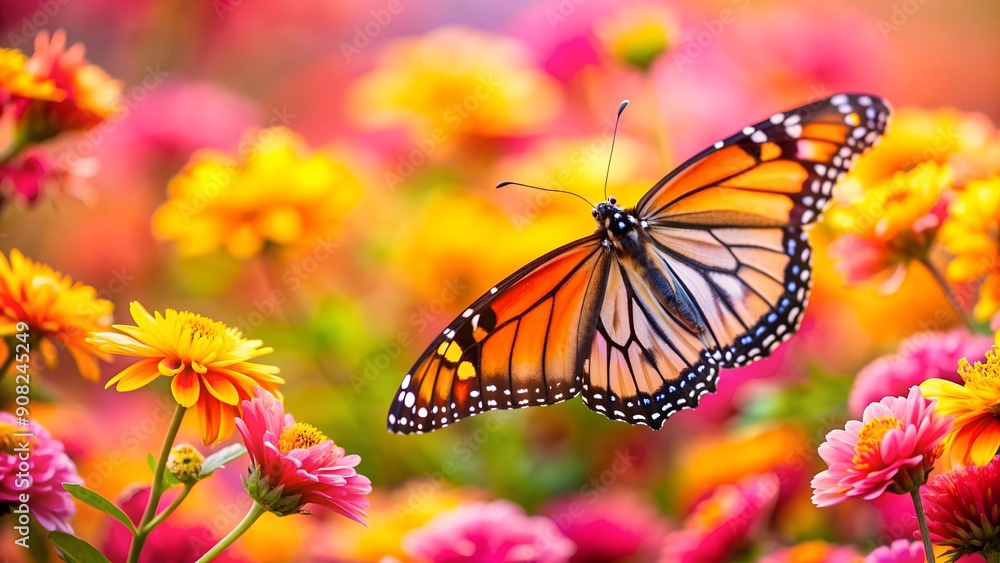 A Symphony of Spring: A Monarch Butterfly Dancing Among Vibrant Pink and Yellow Blossoms Generative AI A Symphony of Spring: A Monarch Butterfly Dancing Among Vibrant Pink and Yellow Blossoms Generative AI