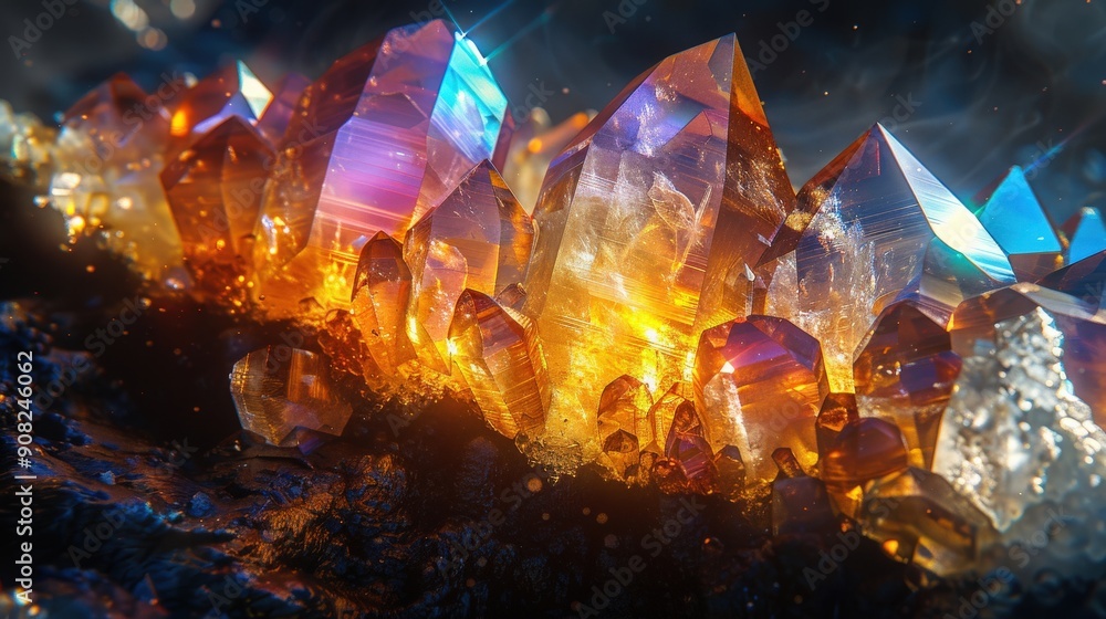 Crystal-clear image of light refracting through a crystal, showcasing a vibrant prismatic effect with intricate color patterns, contrasted against a dark black background to emphasize the clarity and Crystal-clear image of light refracting through a crystal, showcasing a vibrant prismatic effect with intricate color patterns, contrasted against a dark black background to emphasize the clarity and