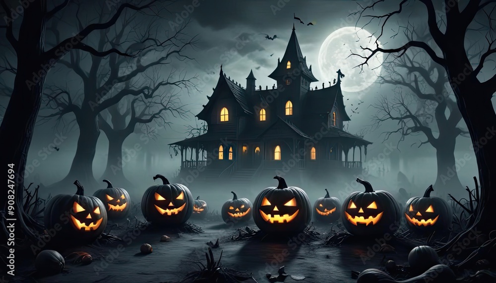 Halloween pumpkins in the forest at night.Halloween background with Evil Pumpkin. Spooky scary dark Night forest. Holiday event Halloween banner background concept Halloween pumpkins in the forest at night.Halloween background with Evil Pumpkin. Spooky scary dark Night forest. Holiday event Halloween banner background concept