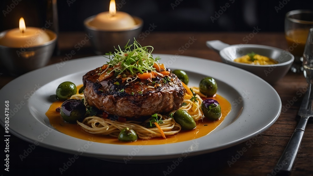 Refined and luxurious dining setting with a focus on elegant and visually appealing dishes Refined and luxurious dining setting with a focus on elegant and visually appealing dishes