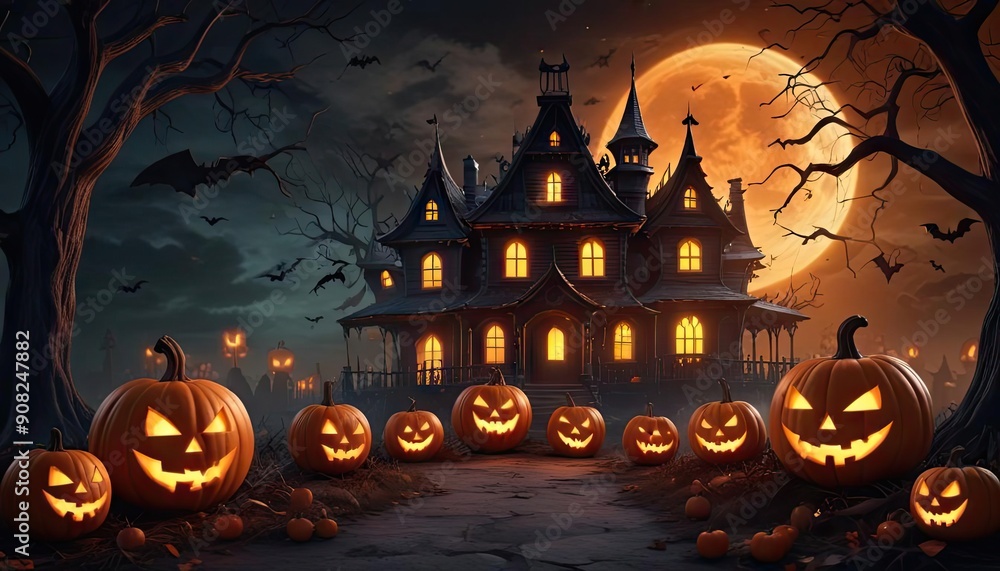 Halloween pumpkins in the forest at night.Halloween background with Evil Pumpkin. Spooky scary dark Night forest. Holiday event Halloween banner background concept Halloween pumpkins in the forest at night.Halloween background with Evil Pumpkin. Spooky scary dark Night forest. Holiday event Halloween banner background concept
