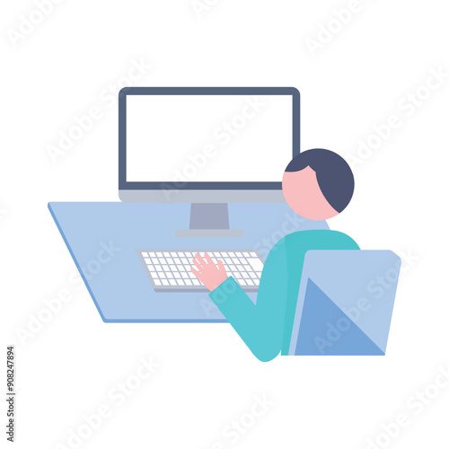 デスクトップパソコンで作業をする男性のイラスト素材