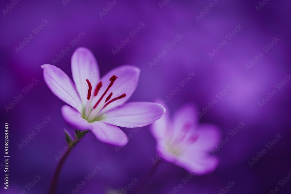Delicate purple flower, red pistils, blurred background, serene and ethereal atmosphere Delicate purple flower, red pistils, blurred background, serene and ethereal atmosphere